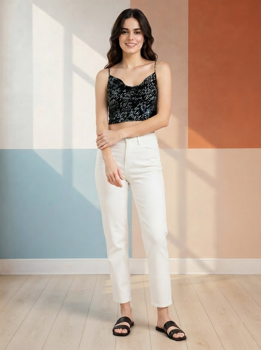 Women Black Foil Print Shoulder Strap Crop Top Oxolloxo