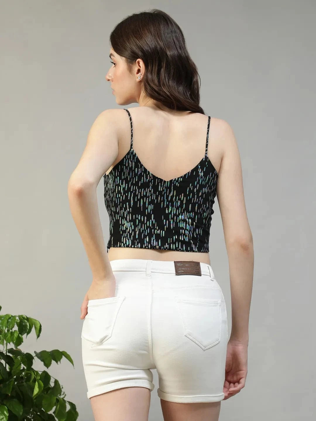 Black Foil Print Shoulder Strap Crop Top