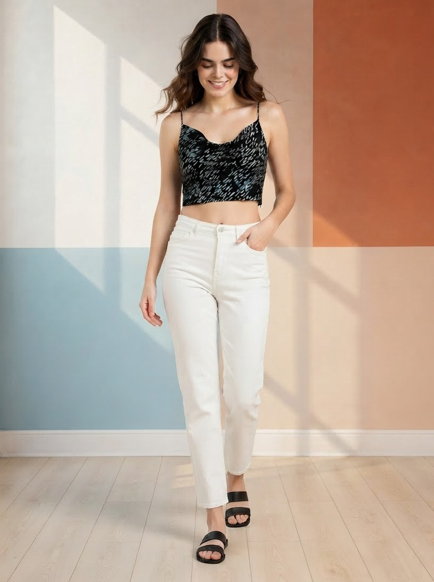 Women Black Foil Print Shoulder Strap Crop Top Oxolloxo
