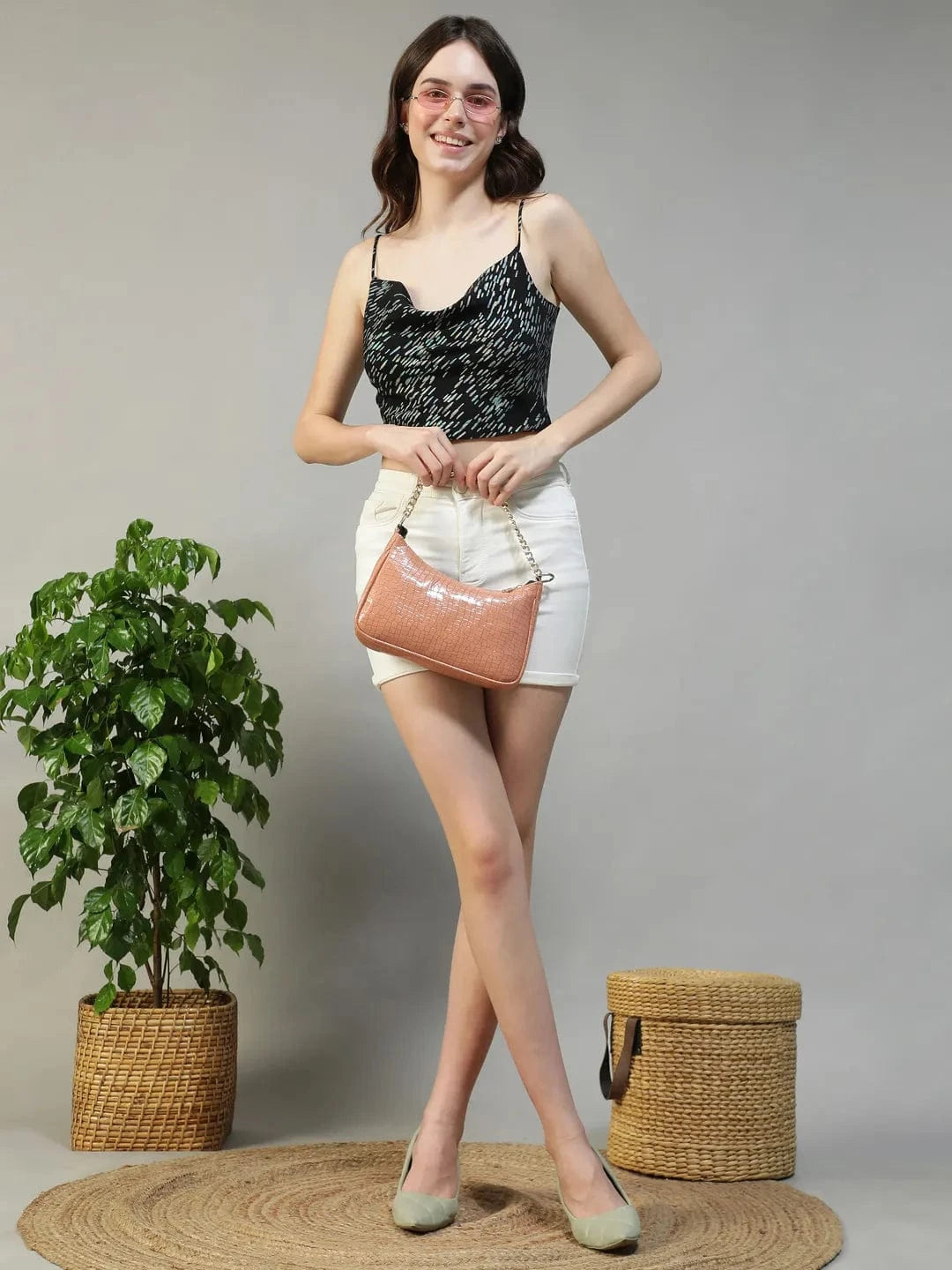 Black Foil Print Shoulder Strap Crop Top