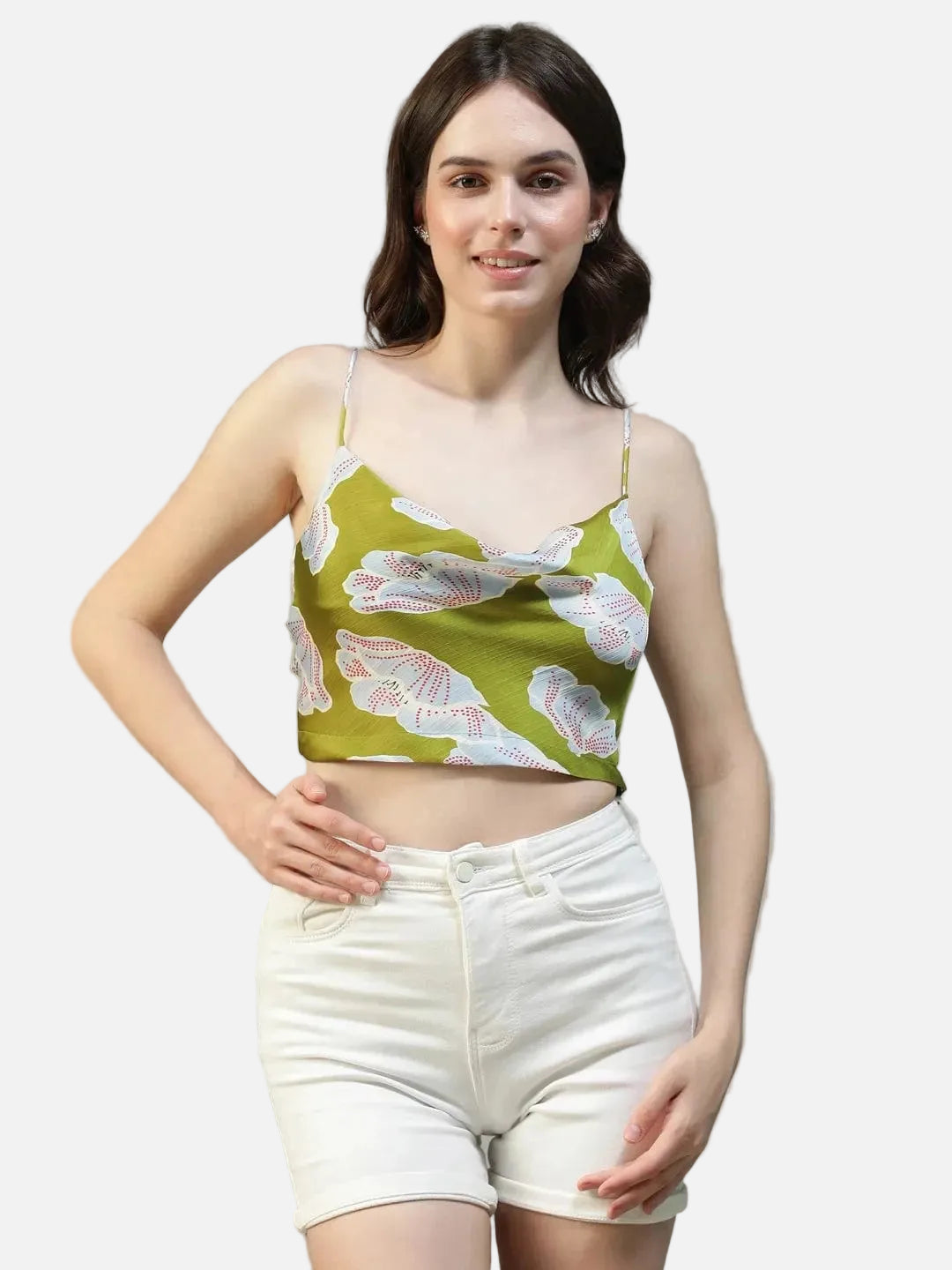 Green Floral Print Shoulder Strap Crop Top