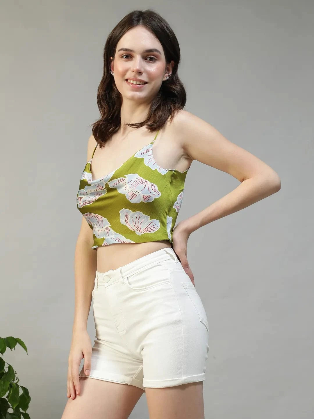 Green Floral Print Shoulder Strap Crop Top