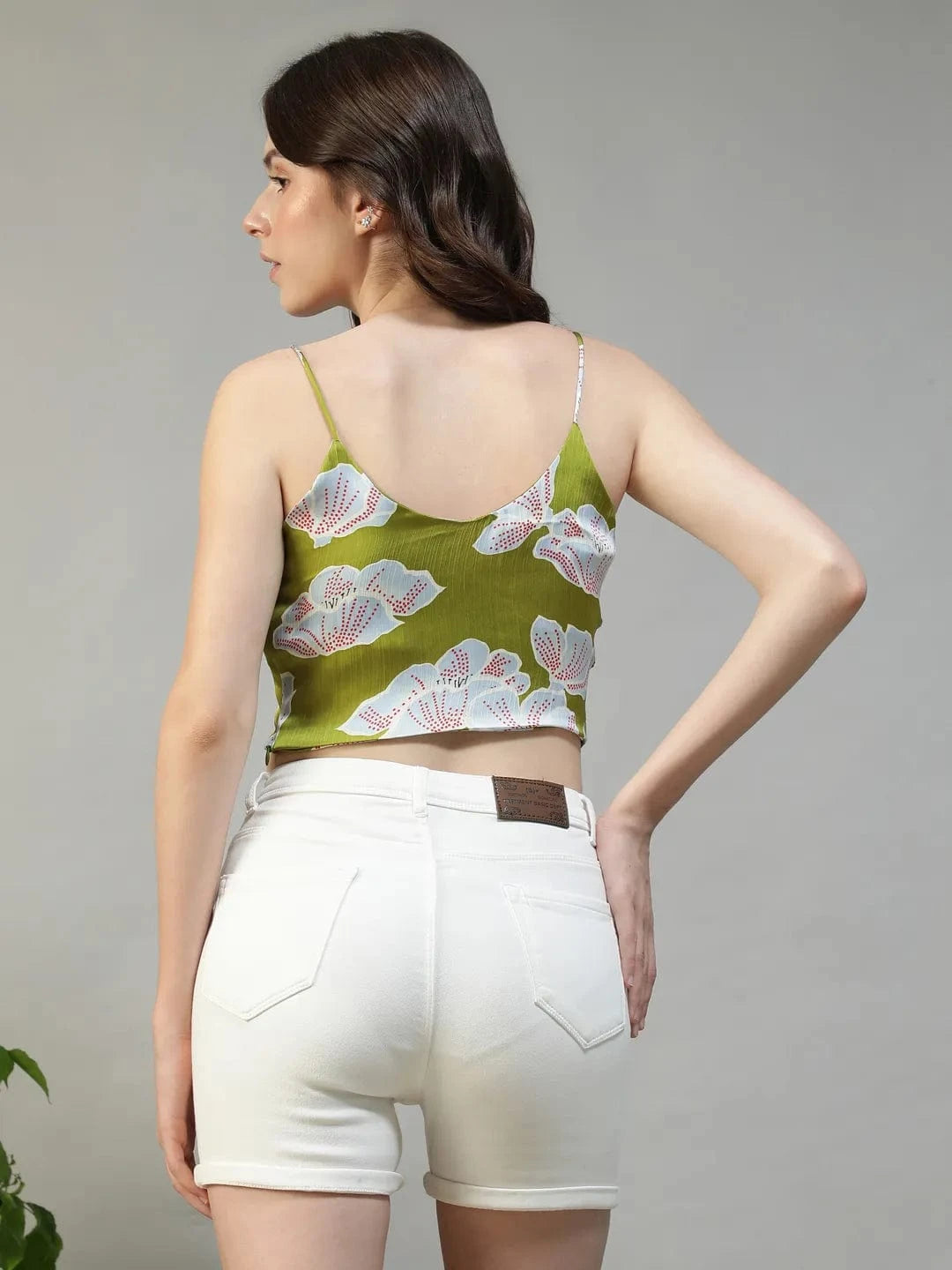 Green Floral Print Shoulder Strap Crop Top