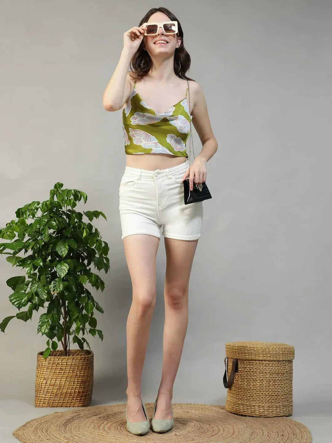 Green Floral Print Shoulder Strap Crop Top