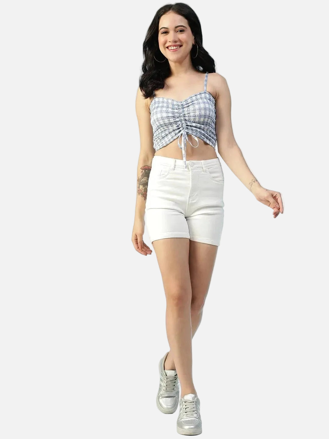 Blue Check Print Shoulder Strap Crop Top