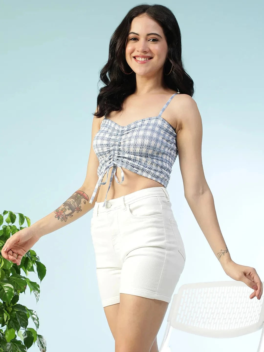 Blue Check Print Shoulder Strap Crop Top
