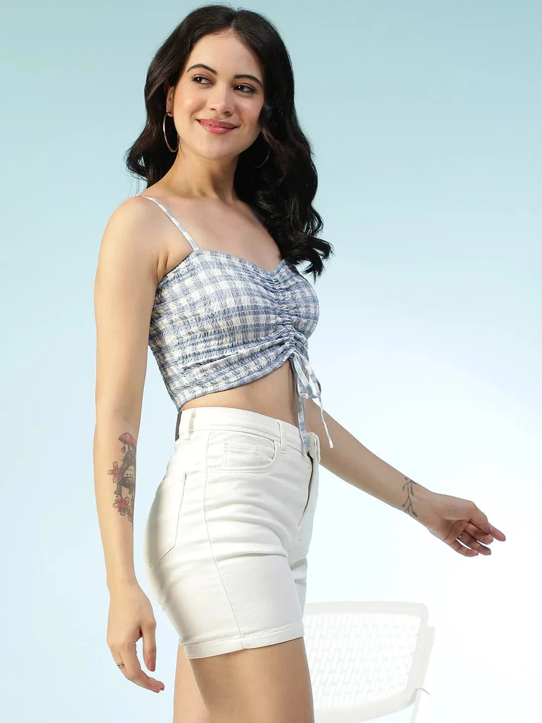 Blue Check Print Shoulder Strap Crop Top