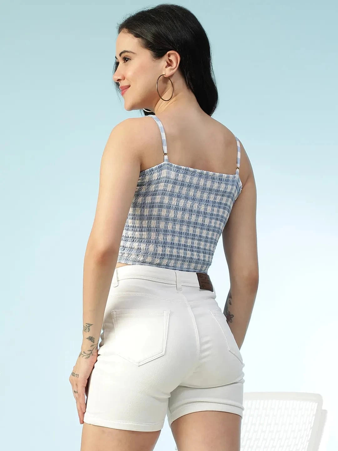 Blue Check Print Shoulder Strap Crop Top