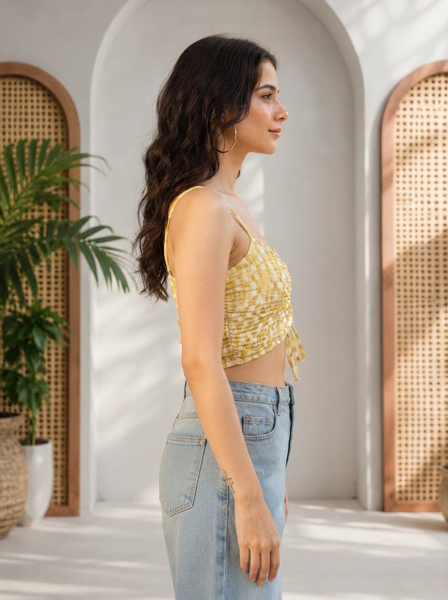 Women Yellow Floral Print Shoulder Strap Crop Top Oxolloxo