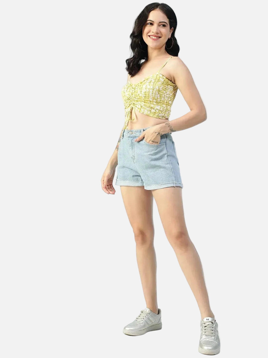 Yellow Floral Print Shoulder Strap Crop Top