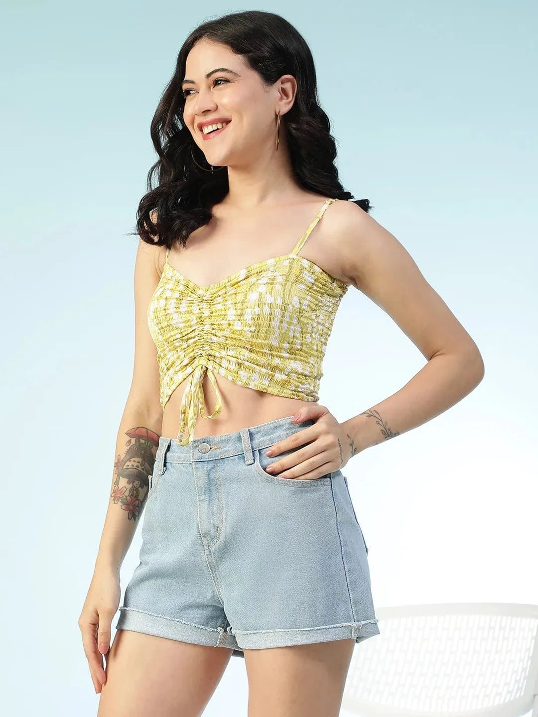 Yellow Floral Print Shoulder Strap Crop Top
