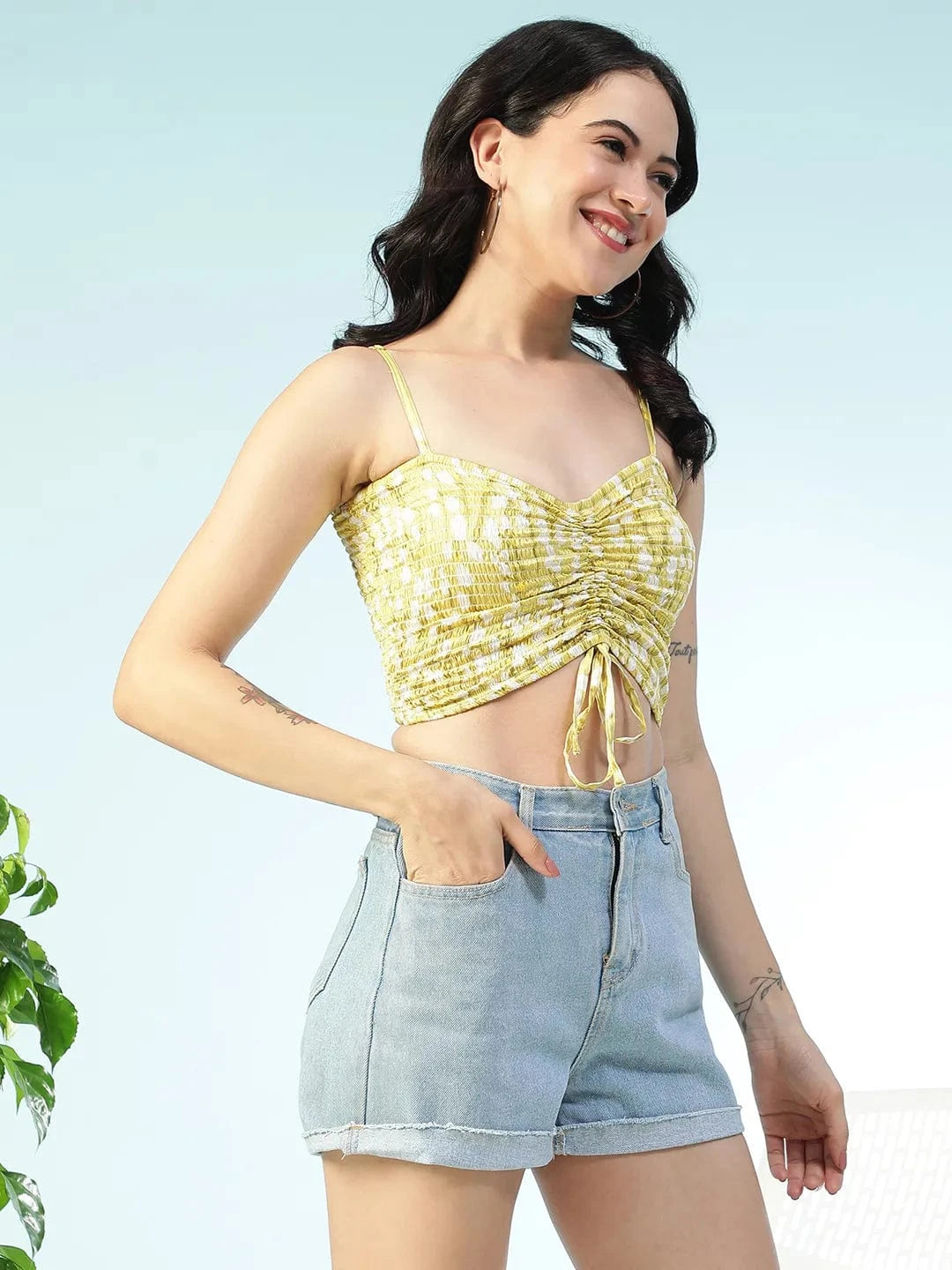 Yellow Floral Print Shoulder Strap Crop Top