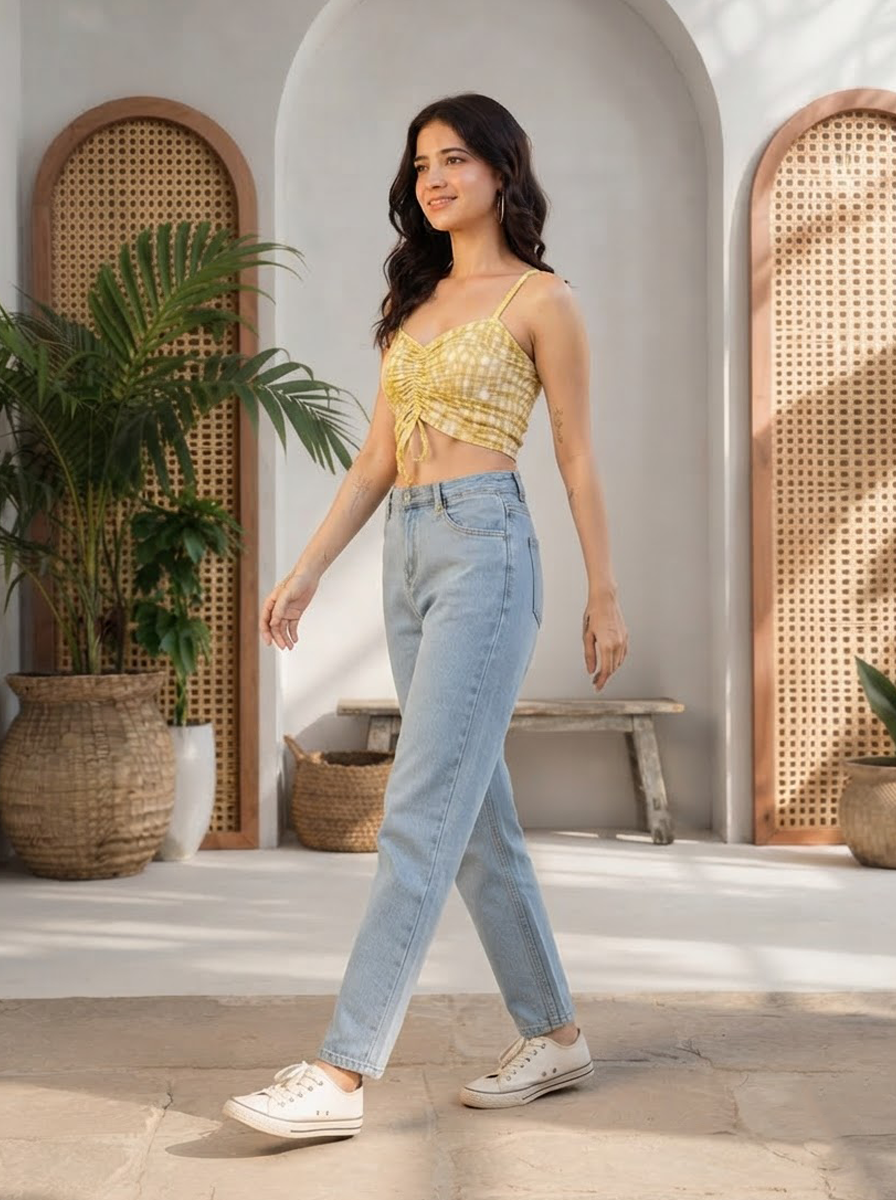 Women Yellow Floral Print Shoulder Strap Crop Top Oxolloxo