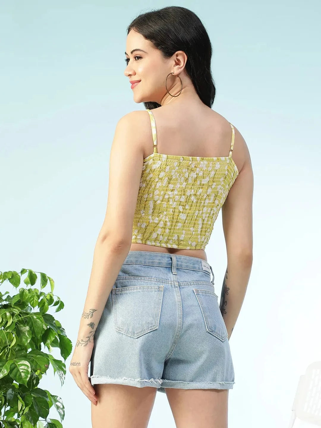 Yellow Floral Print Shoulder Strap Crop Top