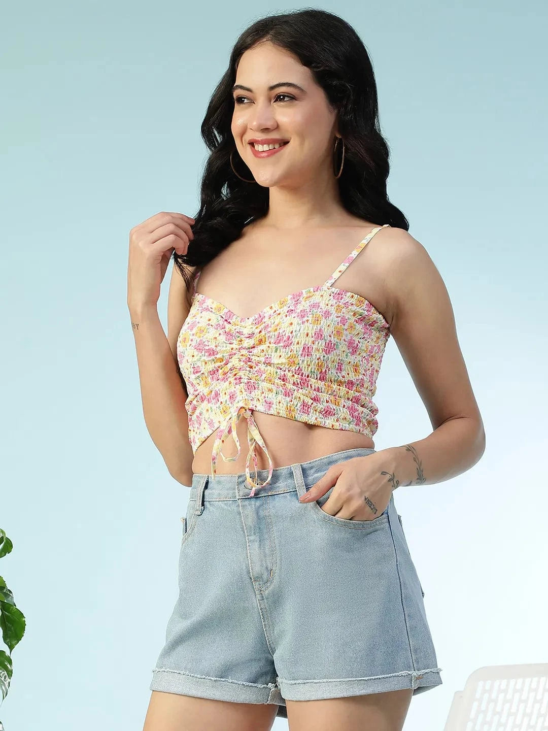 Multicolor Floral Print Shoulder Strap Crop Top
