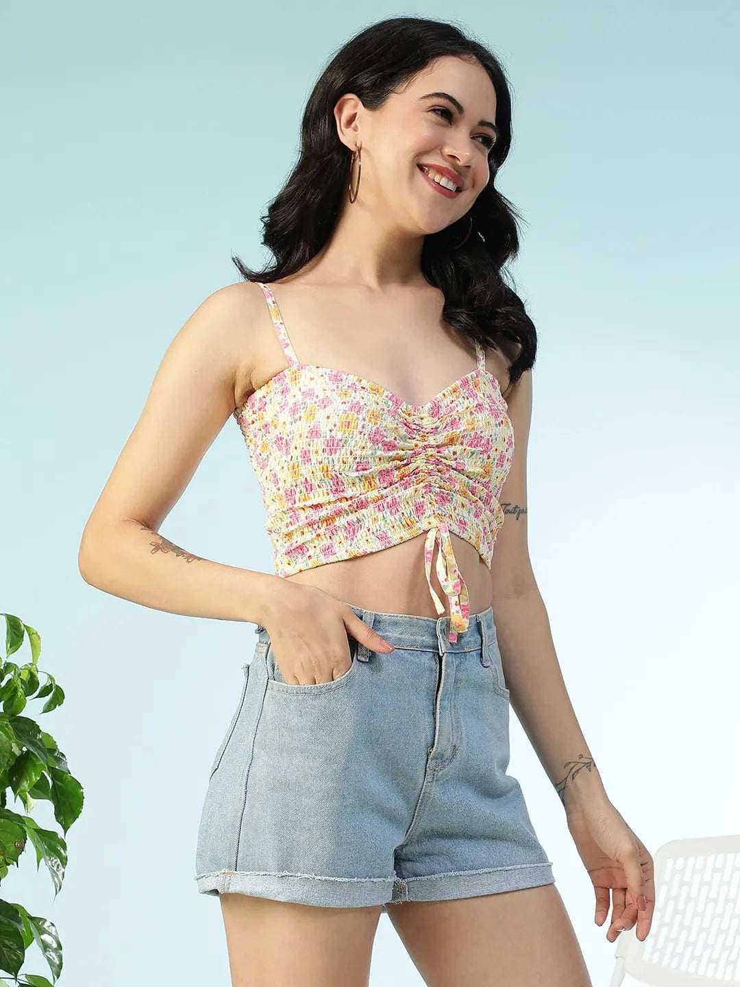 Multicolor Floral Print Shoulder Strap Crop Top