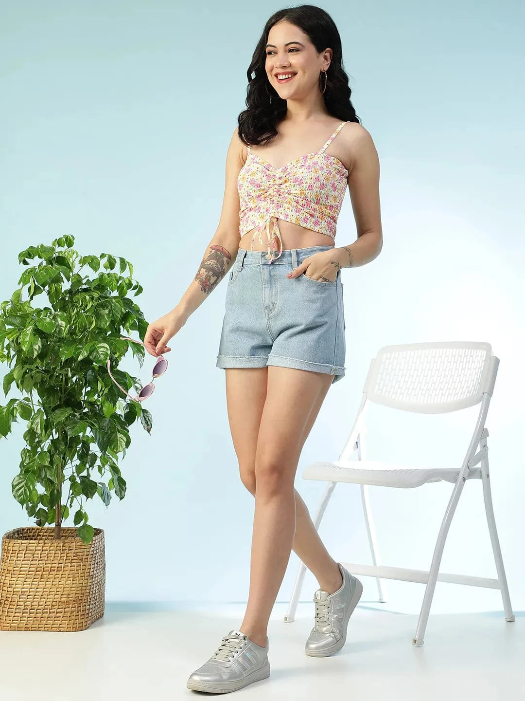 Multicolor Floral Print Shoulder Strap Crop Top