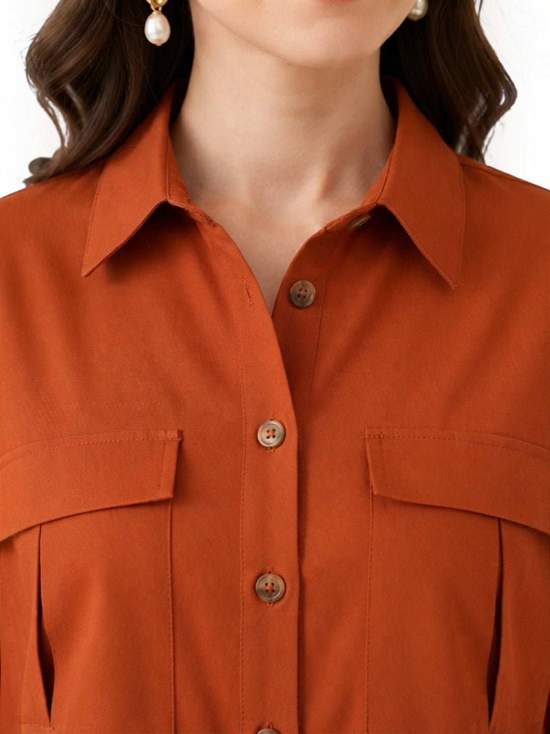 Rust orange button-up shirt with chest pockets, plus size women's fashion