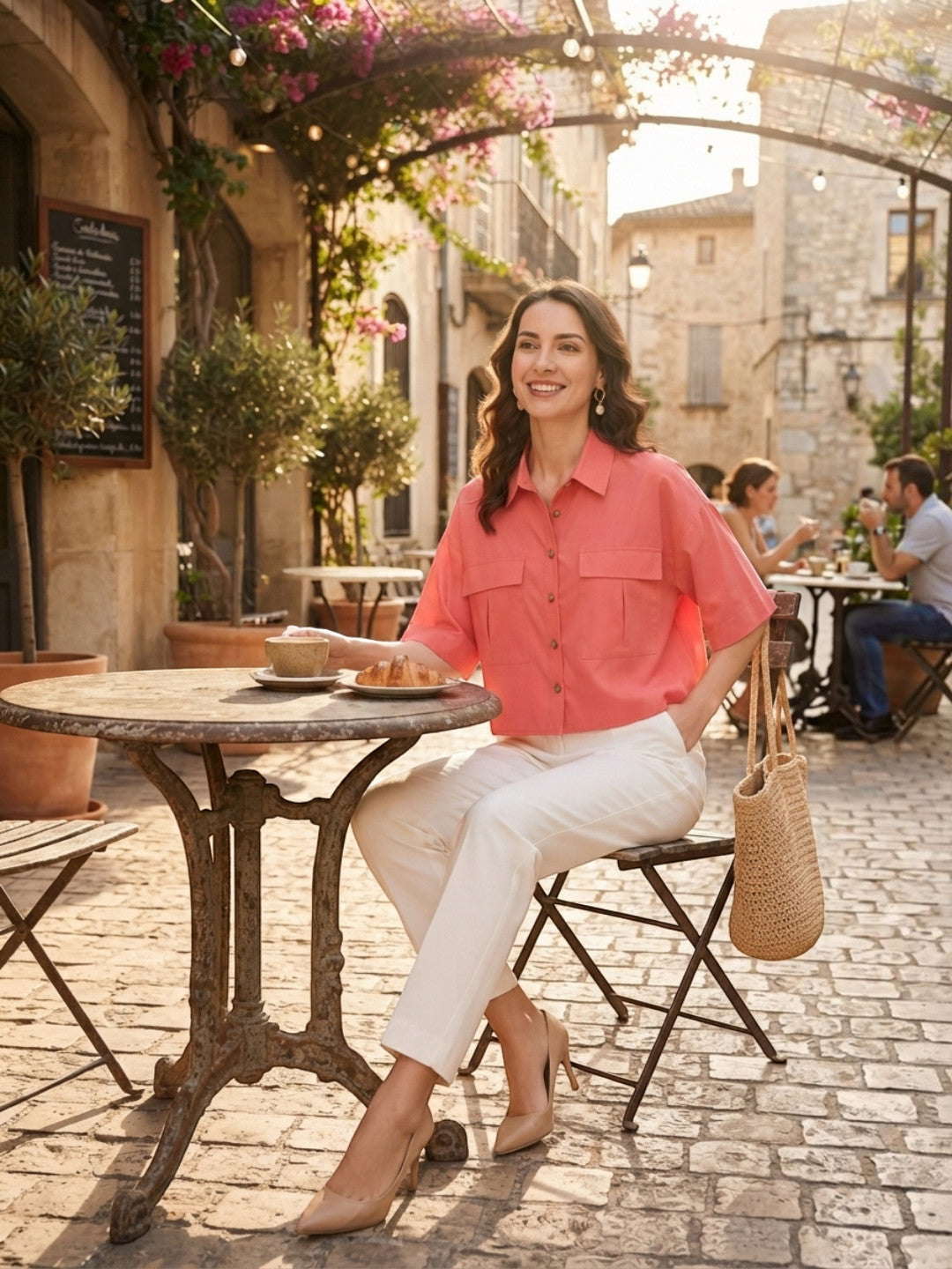 Woman in coral shirt and white pants at outdoor café, stylish plus size fashion outfit