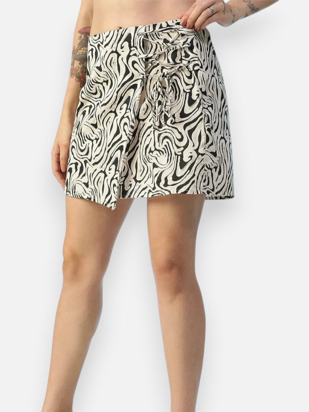 Beige Abstract Print Cotton Linen Skirt