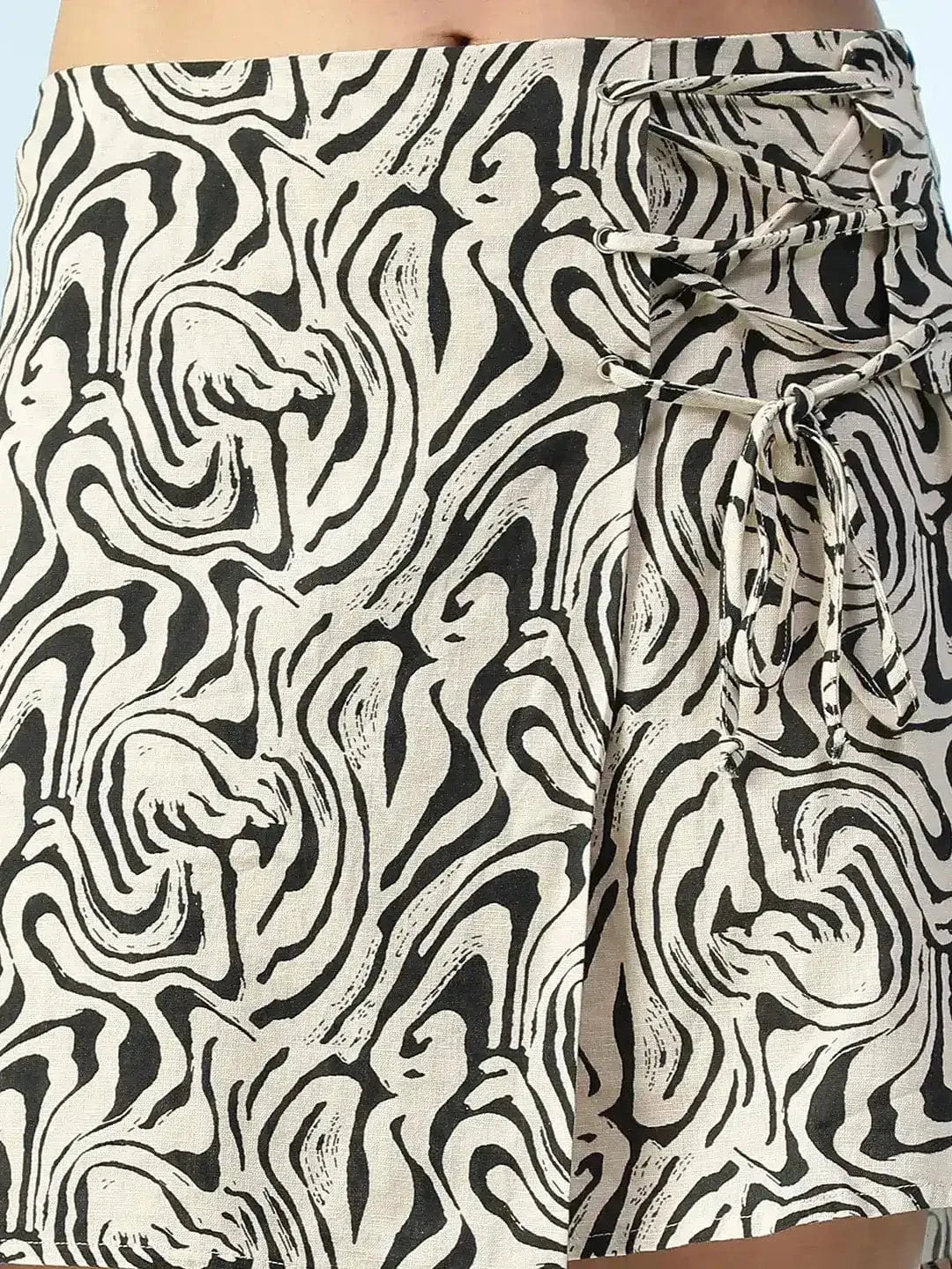 Beige Abstract Print Cotton Linen Skirt