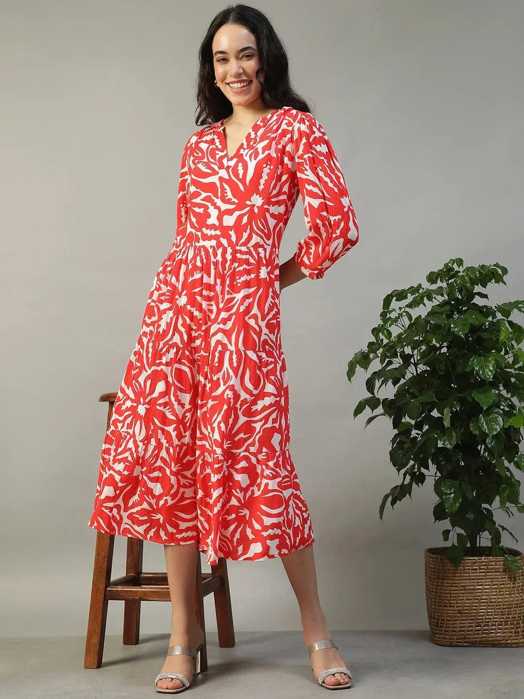 Special Red Floral Print 3/4 Length Sleeves Women Dress - oxolloxo