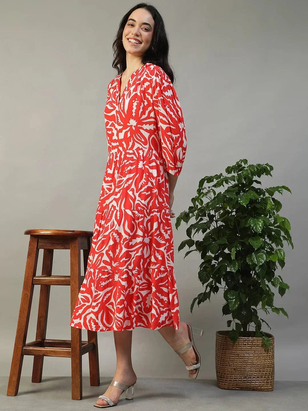 Special Red Floral Print 3/4 Length Sleeves Women Dress - oxolloxo