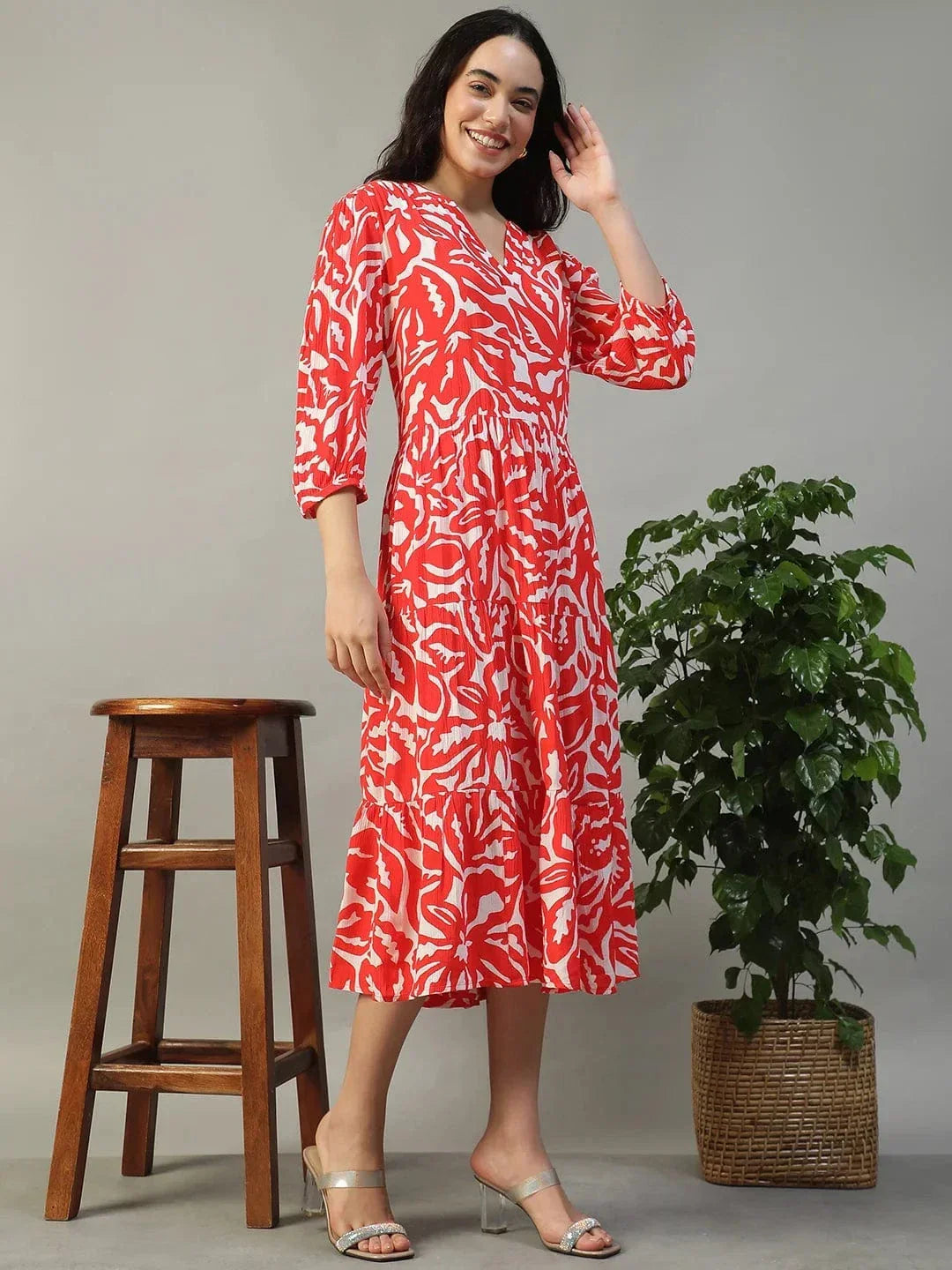 Special Red Floral Print 3/4 Length Sleeves Women Dress - oxolloxo