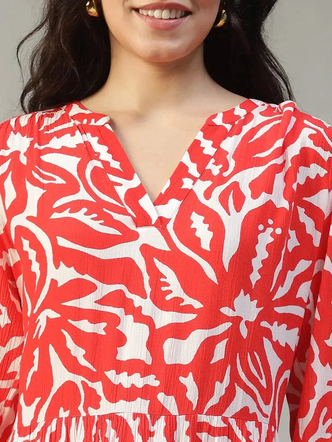 Special Red Floral Print 3/4 Length Sleeves Women Dress - oxolloxo