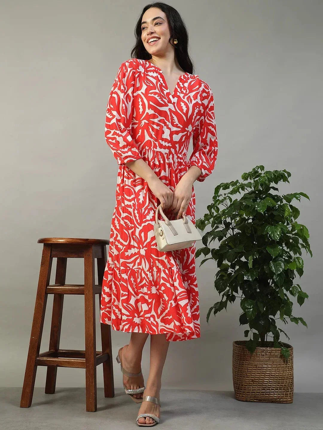 Special Red Floral Print 3/4 Length Sleeves Women Dress - oxolloxo