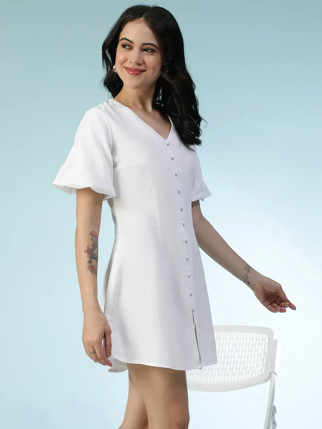 Women White Cotton Linen Dress