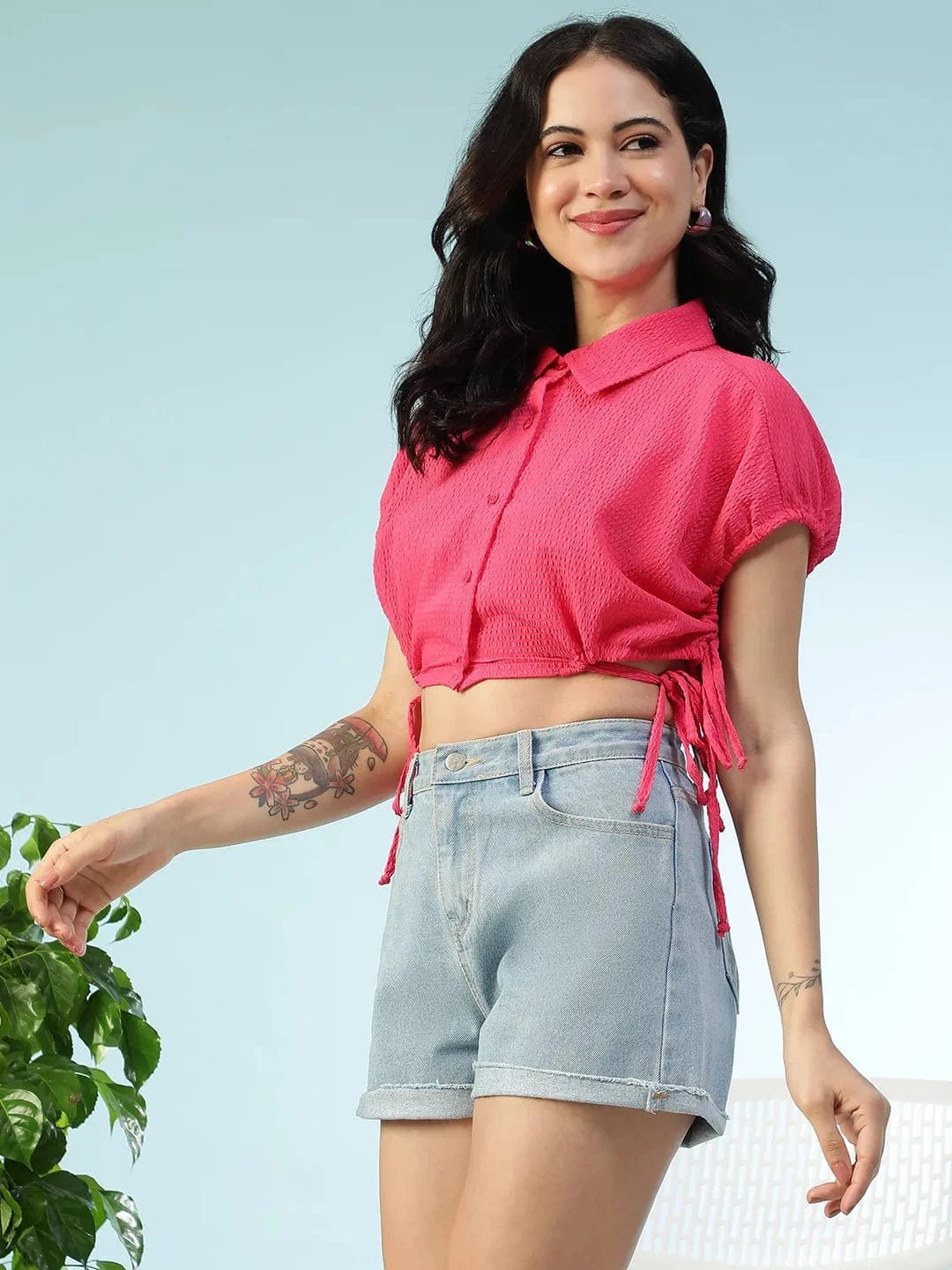Women Pink Crop Shirt