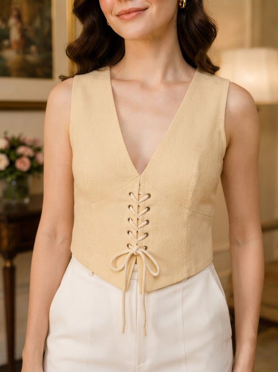 Women Beige Cotton Linen Top Oxolloxo