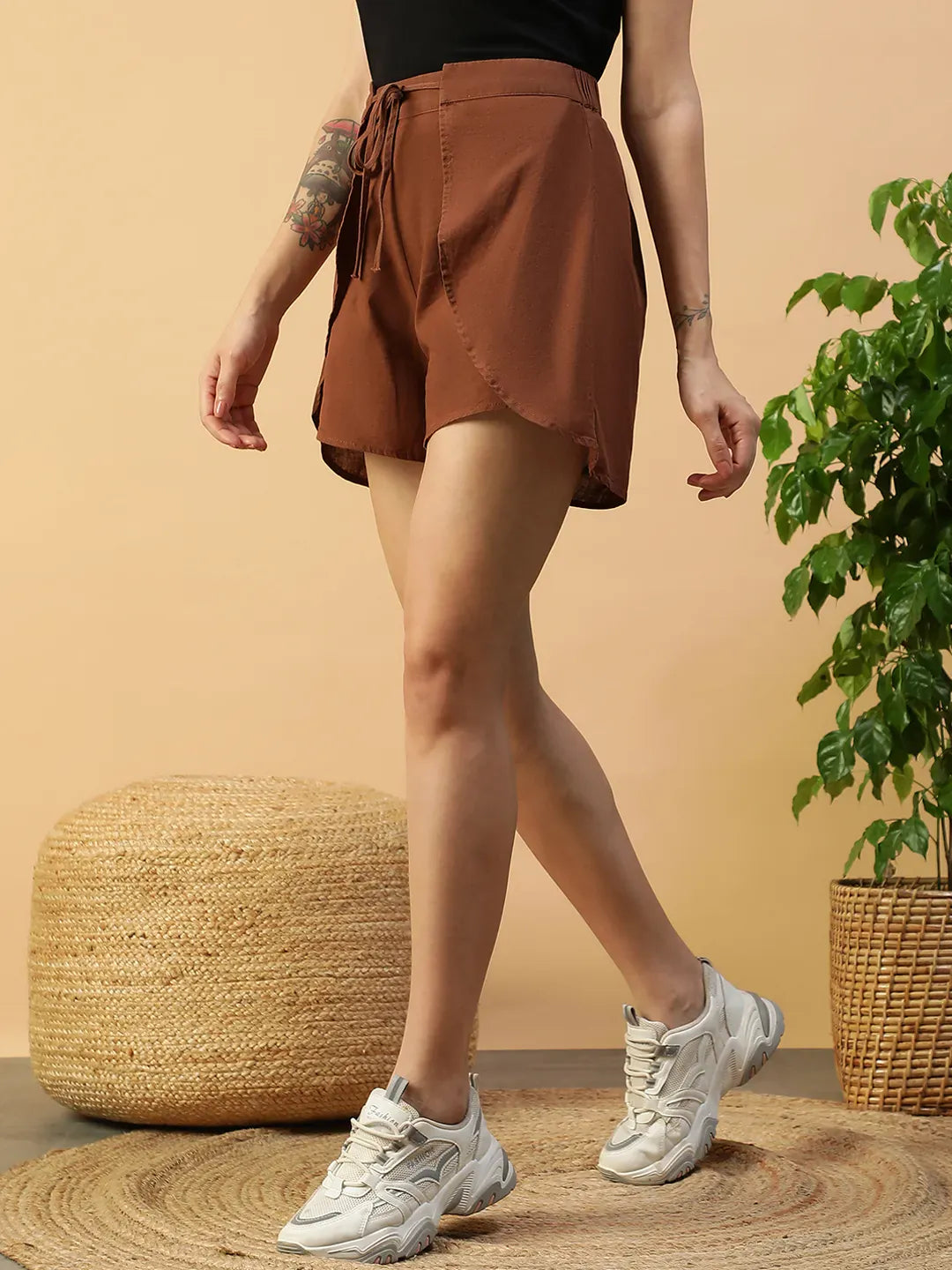 Women Brown Cotton Short