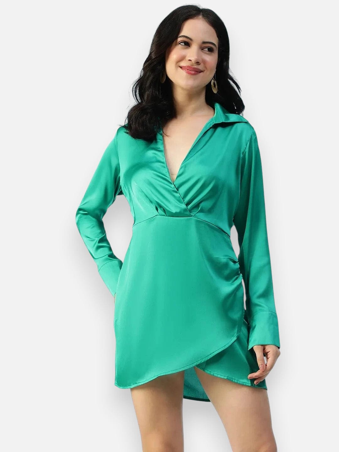 Green Satin Mini Wrap Dress