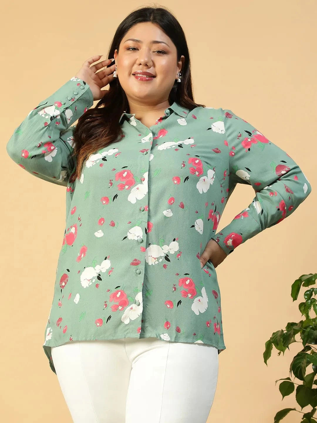 Plus Size Green Floral Print Cotton Shirt