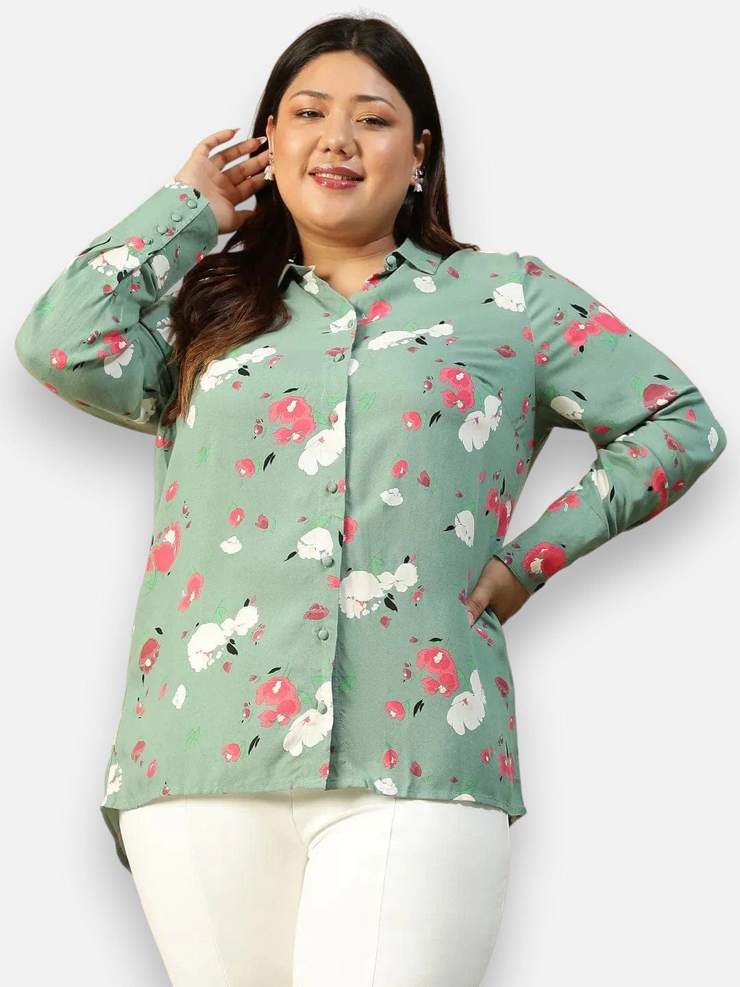 Plus Size Green Floral Print Cotton Shirt