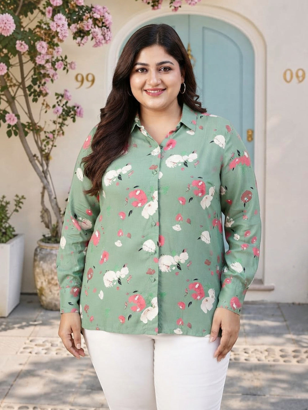 Plus Size Green Floral Print Cotton Shirt