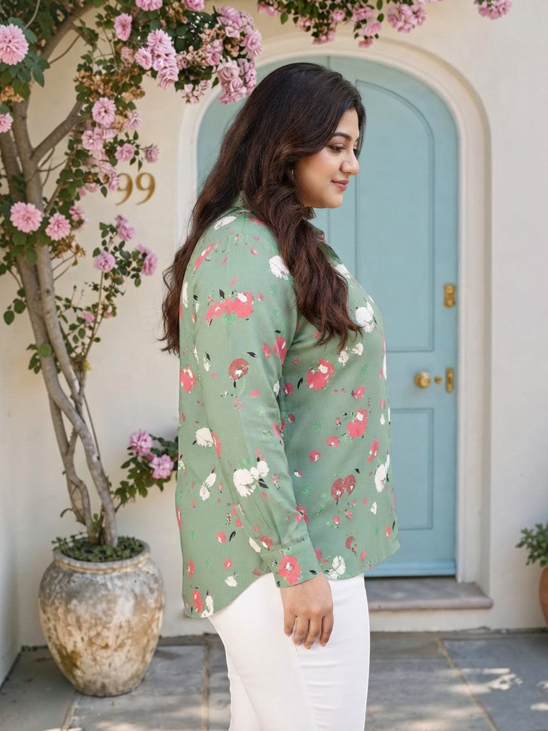 Plus Size Green Floral Print Cotton Shirt