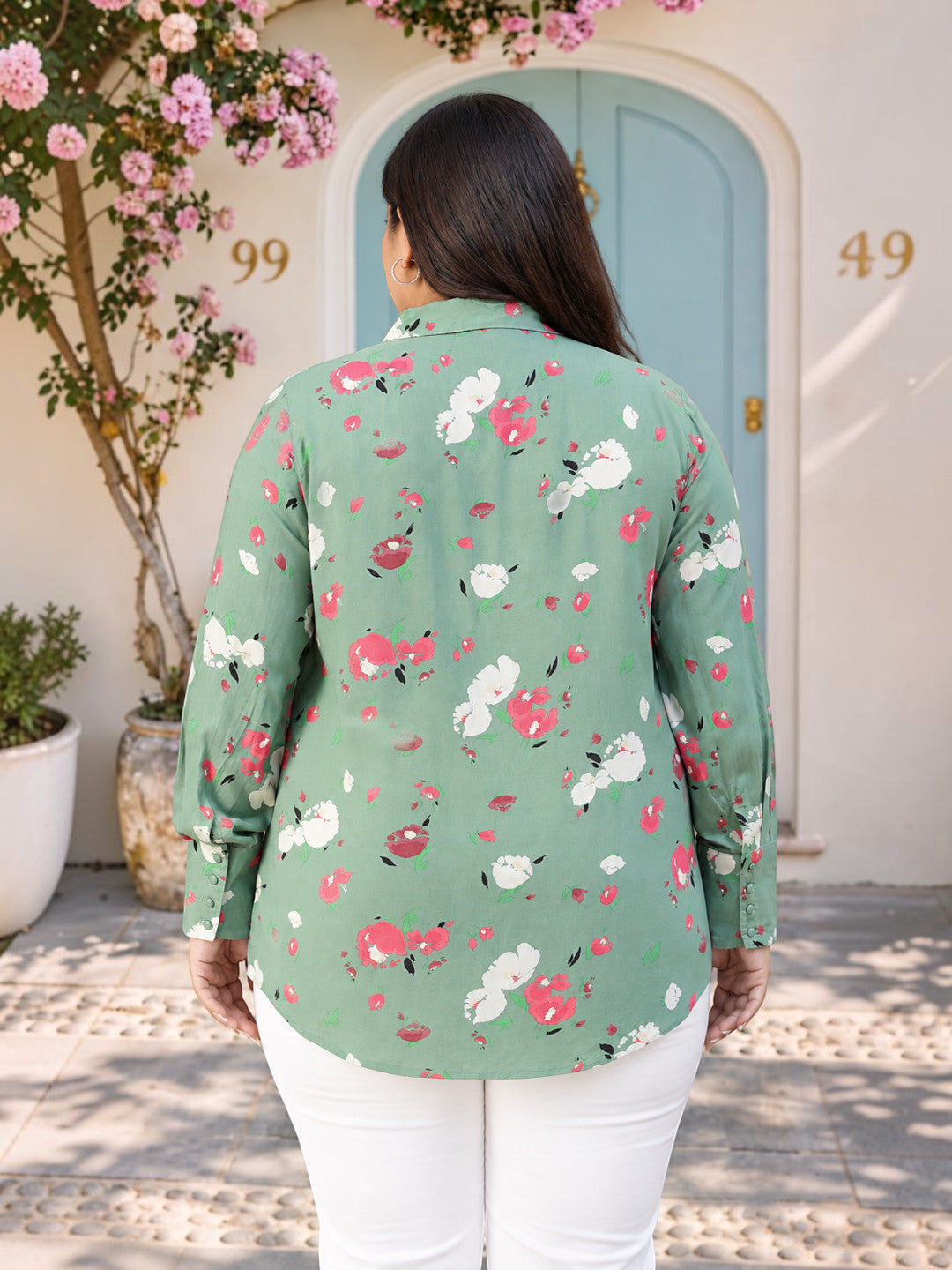 Plus Size Green Floral Print Cotton Shirt