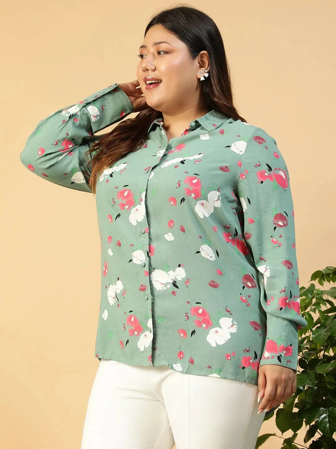 Plus Size Green Floral Print Cotton Shirt