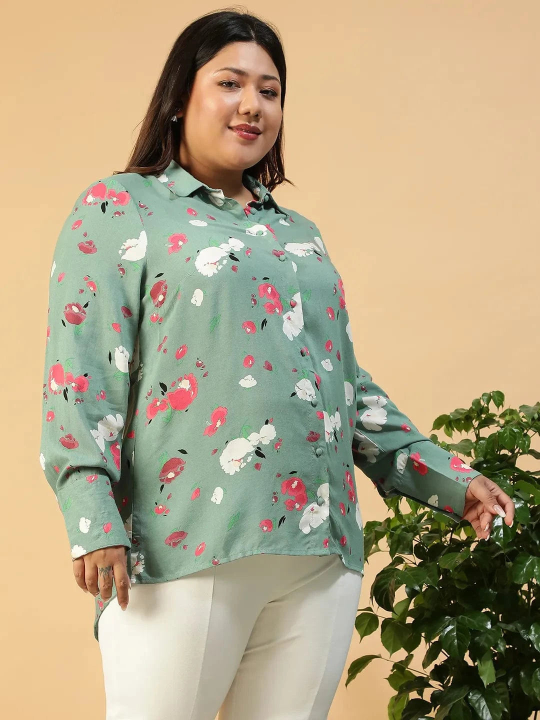 Plus Size Green Floral Print Cotton Shirt