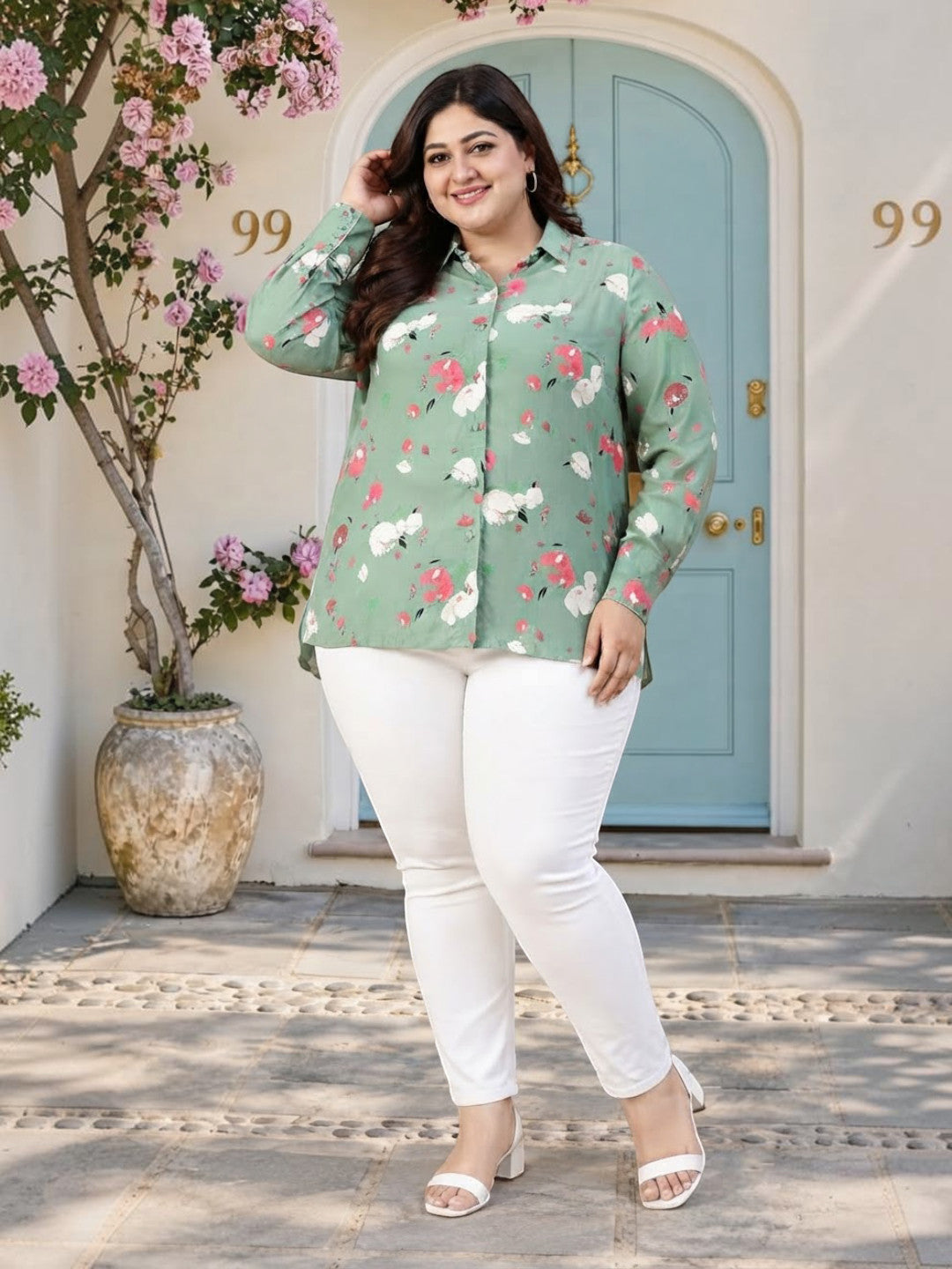 Plus Size Green Floral Print Cotton Shirt