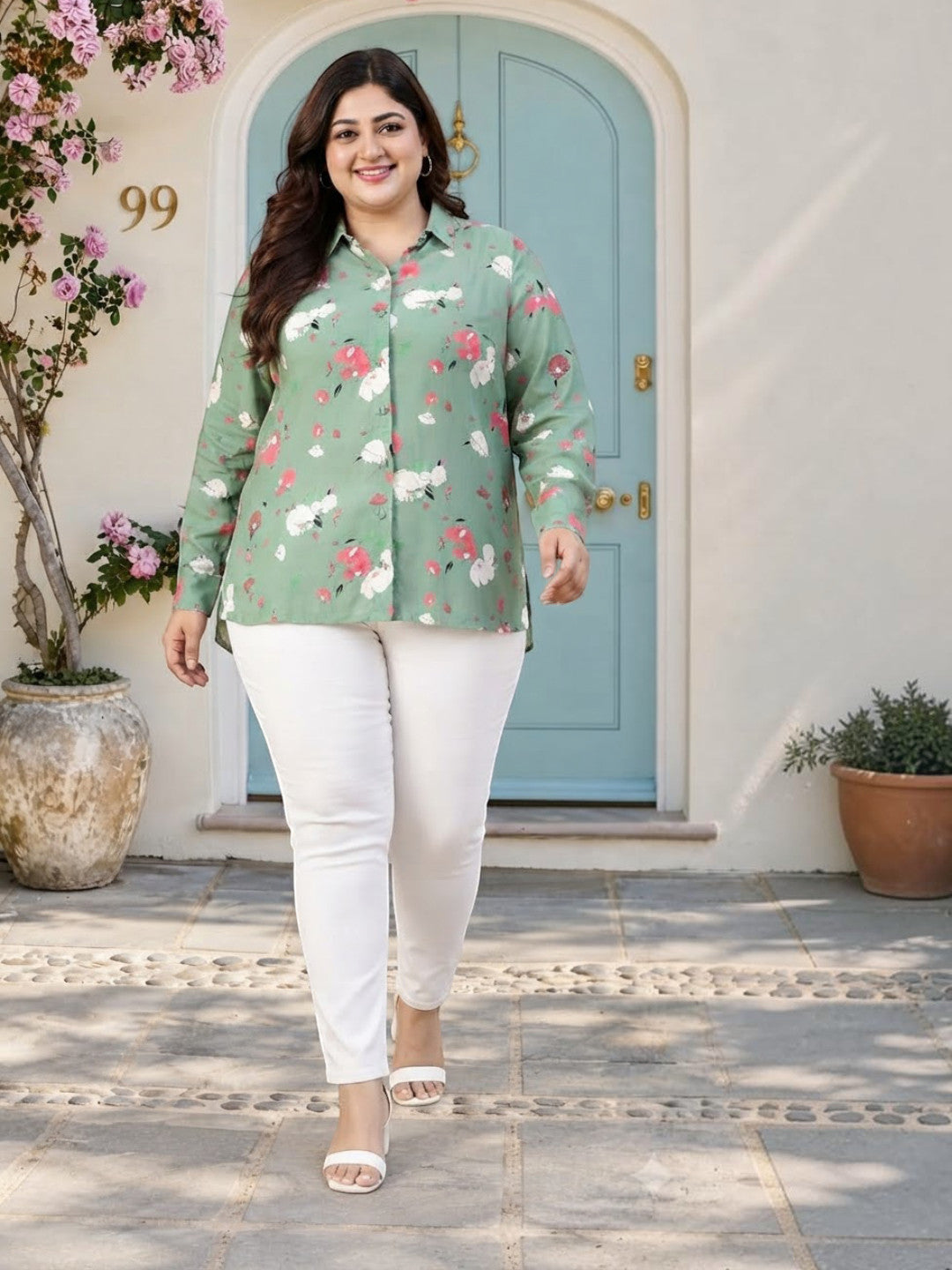 Plus Size Green Floral Print Cotton Shirt