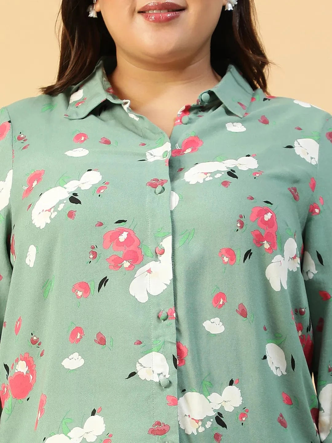 Plus Size Green Floral Print Cotton Shirt
