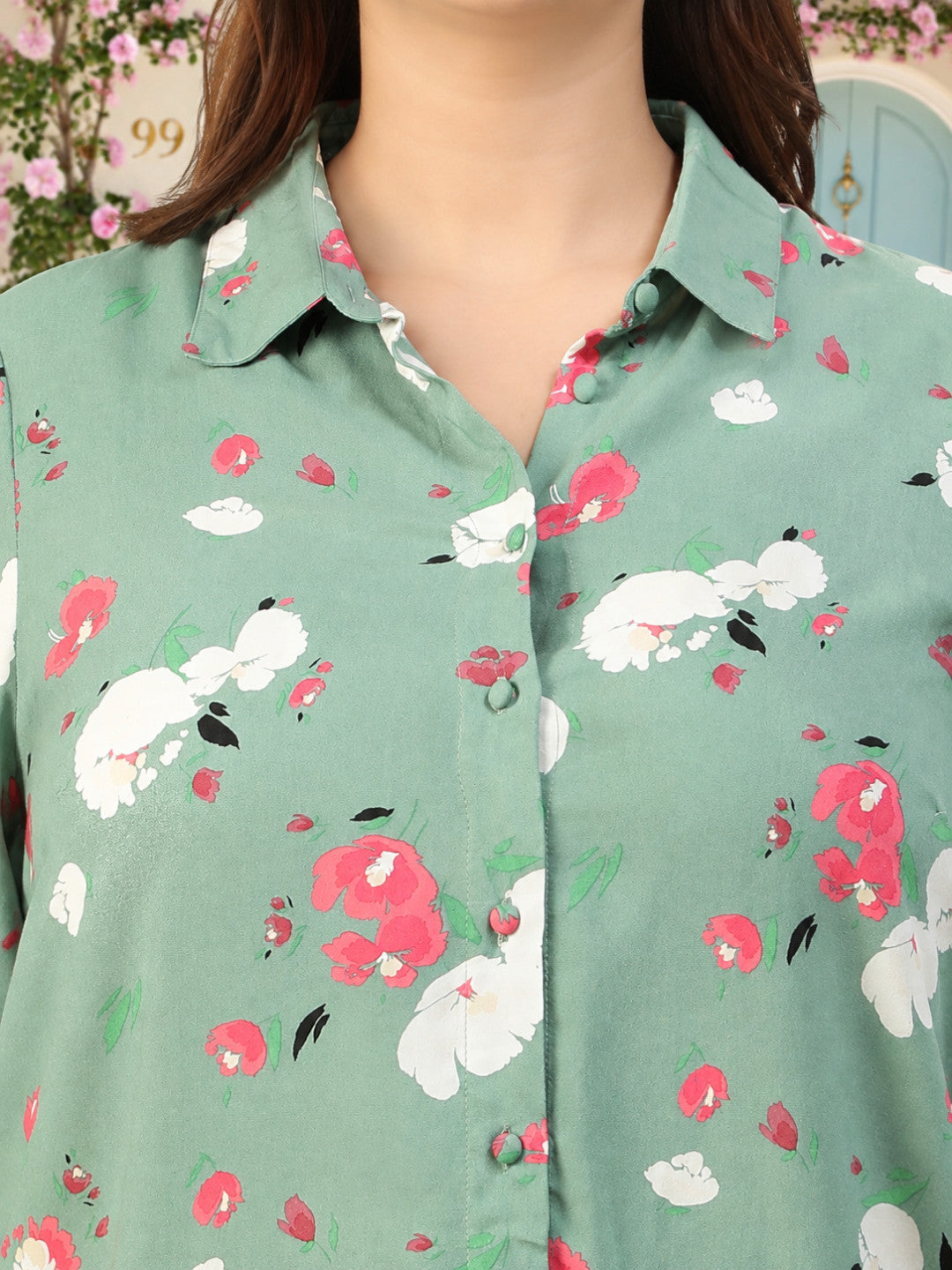 Plus Size Green Floral Print Cotton Shirt