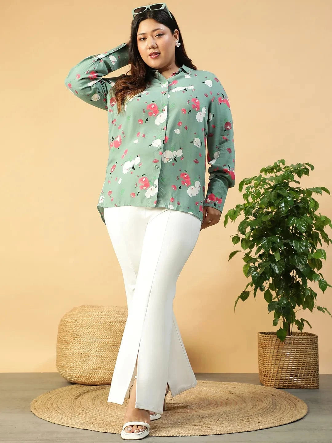 Plus Size Green Floral Print Cotton Shirt