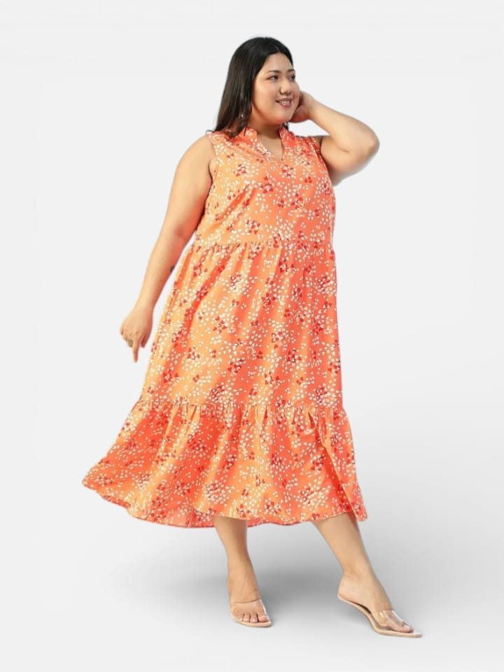 Plus Size Orange Floral Print Dress