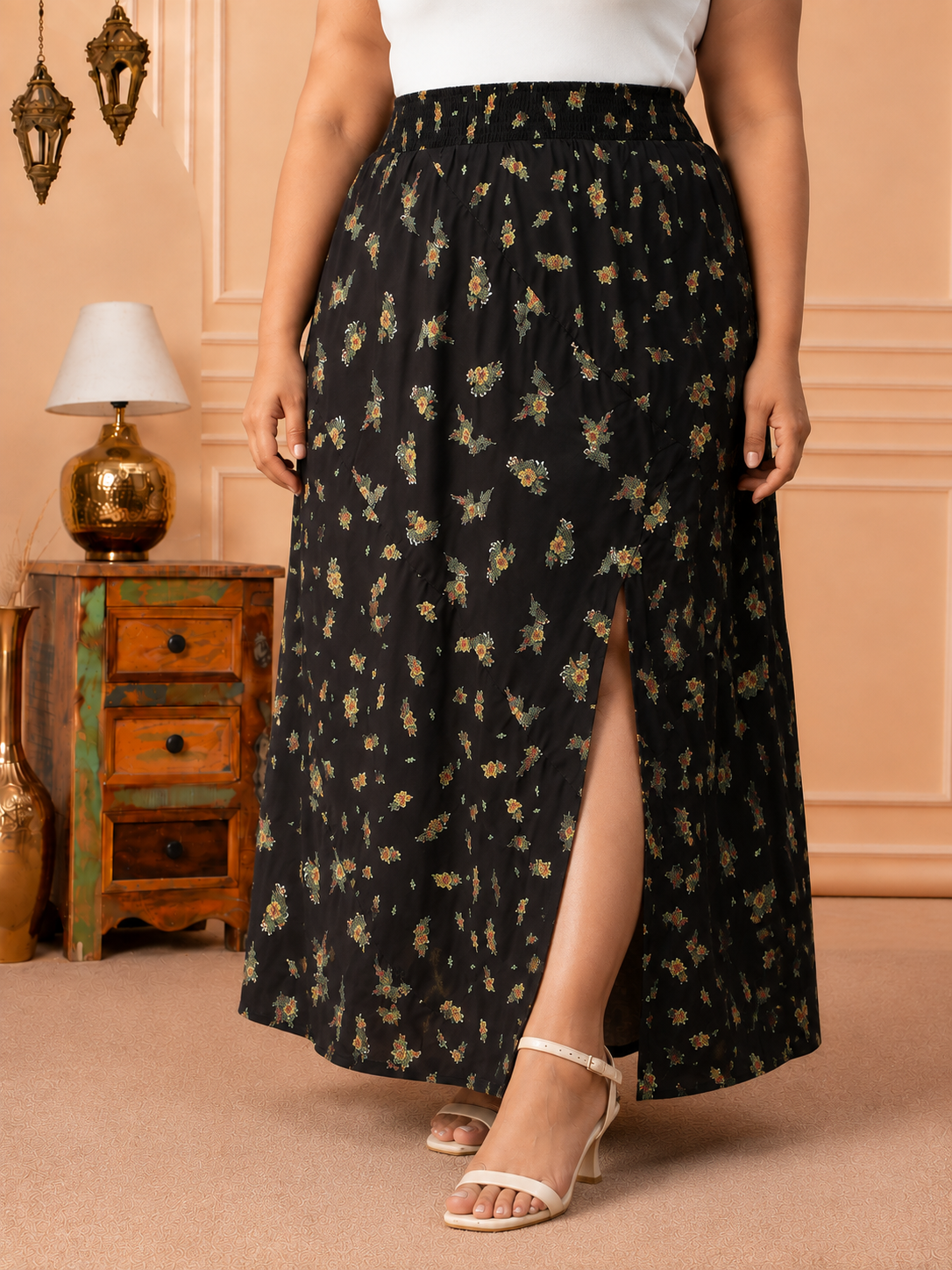 Plus Size Black Floral Print Skirt