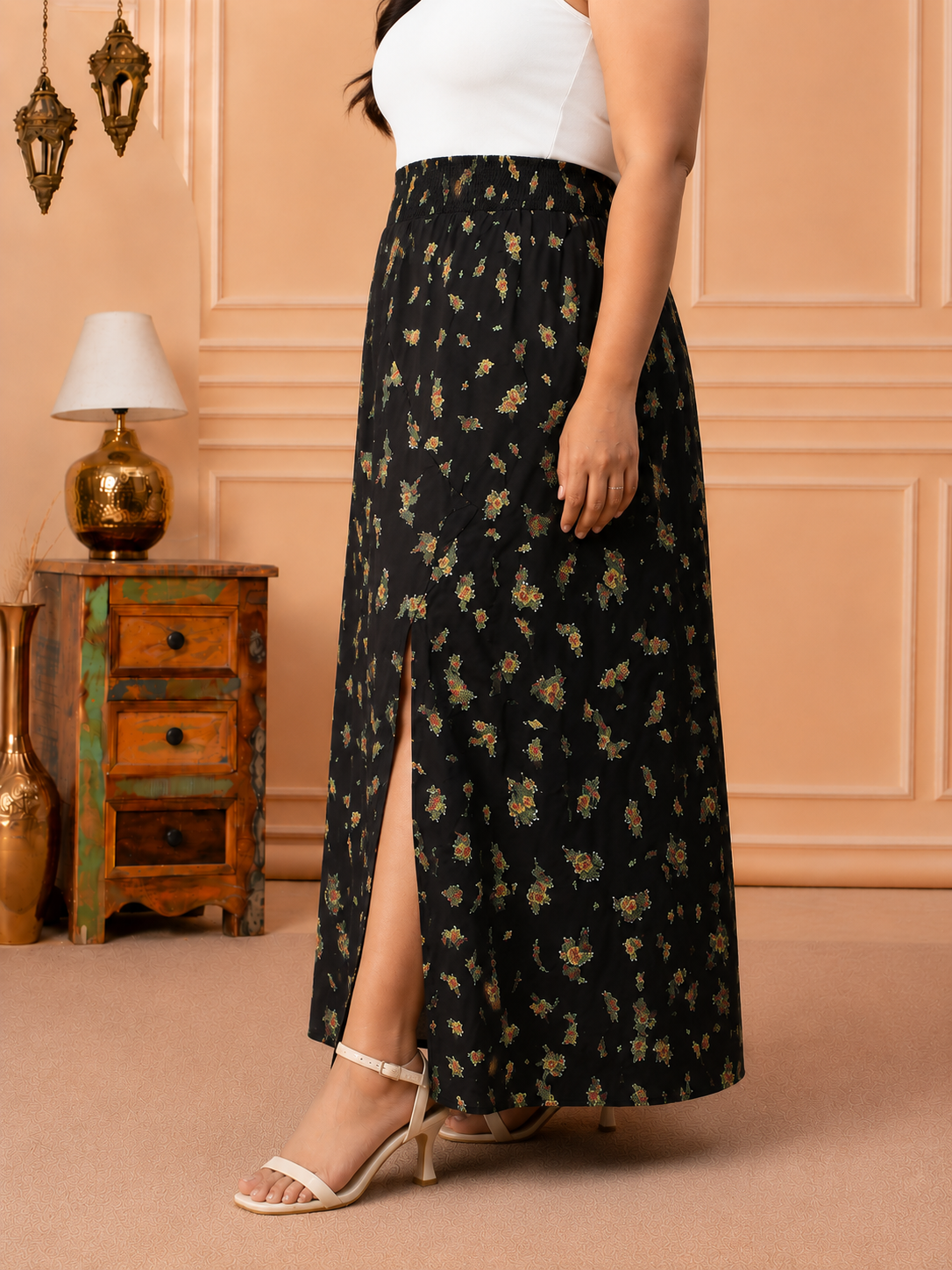 Plus Size Black Floral Print Skirt
